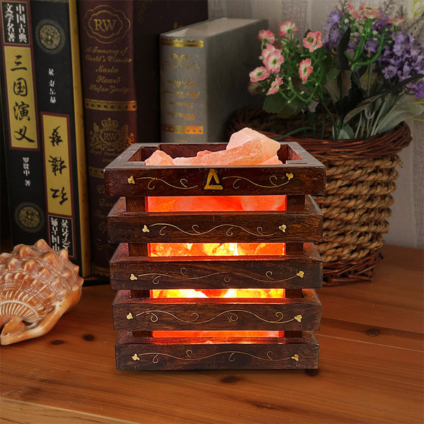 Himalayan Pink Rock Salt Lamp- Wooden Basket Brass (11 inches, 13 lbs) Best Gift Item