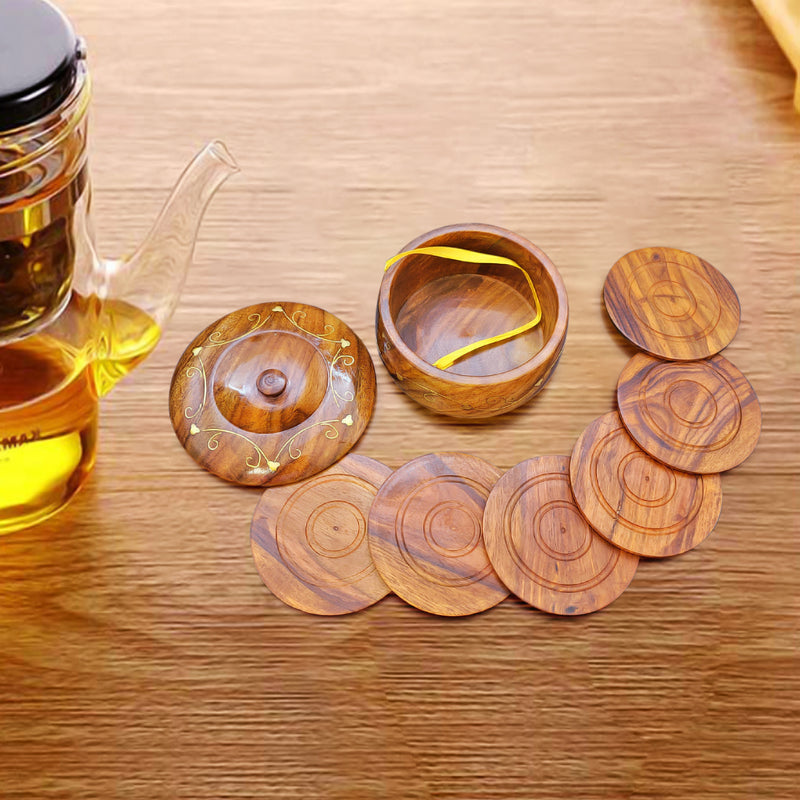 Carved Wooden - Coaster Set with Metal Inlays