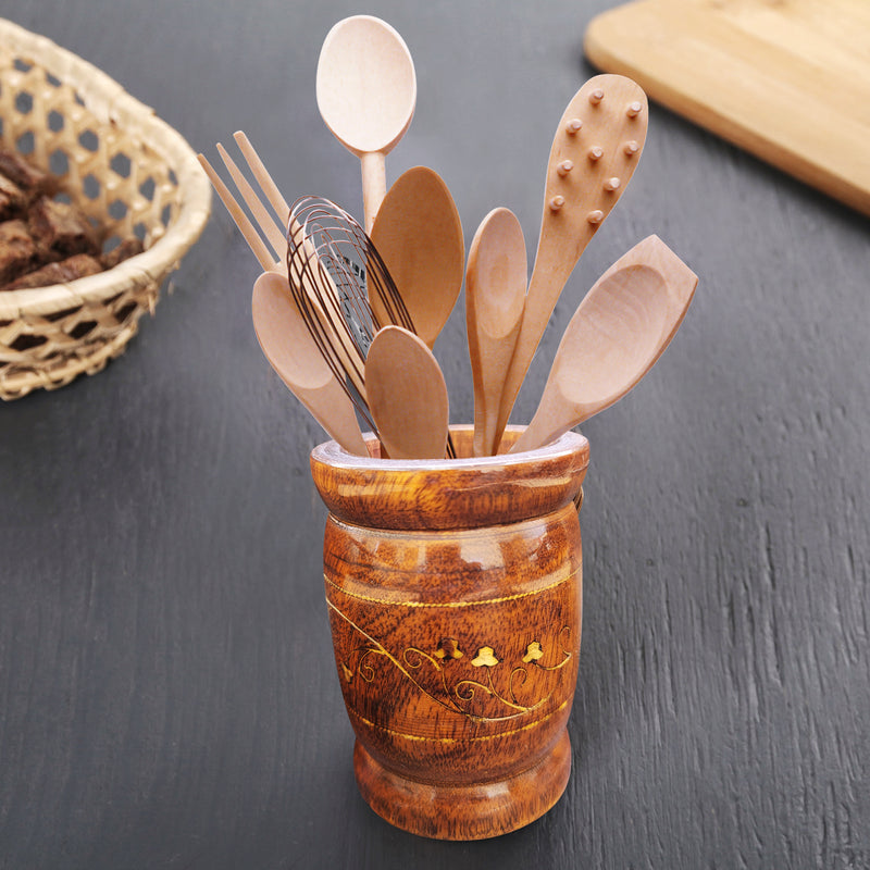 Carved Wooden - Pencil / Utensils Holder with metal inlays